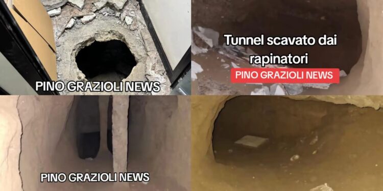 Foto del tunnel scavato sotto il caveau dai rapinatori per fuggire dalla banca.